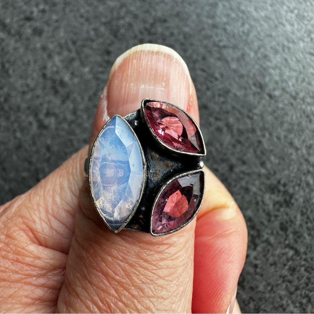 NEW Elegant Opalite Pink Tourmaline Marquise Gemstone Silver Statement Ring Sz 8 - Picture 10 of 12